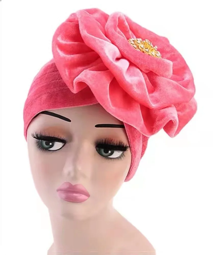 New Multicolor Muslim Women Gold Alloy Diamond Big Flower Velvet Turban Hat Muslim Hijab Indian Hat