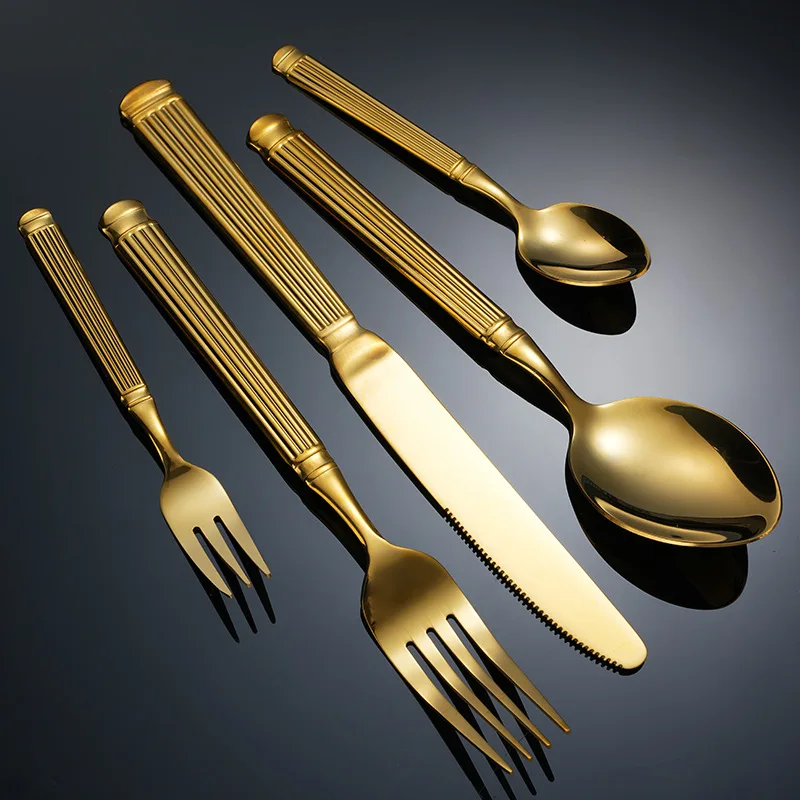 Stainless steel Roman column tableware forged gold-plated Western hotel steak knife and fork spoon light luxury dessert spoon