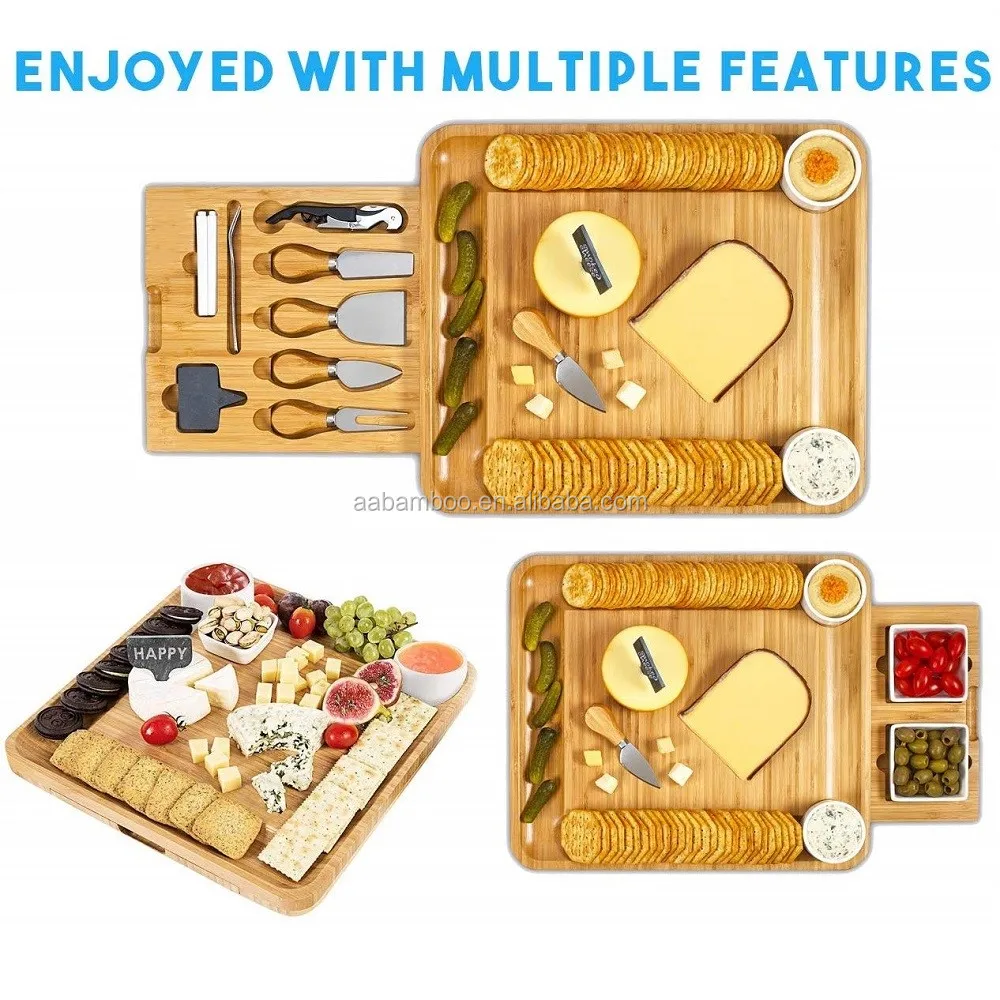 Wooden bamboo cheeseboard with 2 knives drawers