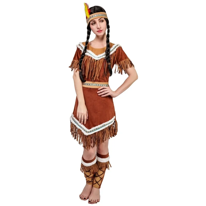 Classical Indian Women Outfit Halloween Party Tribal Brown Wild West Cosplay Indian Costume