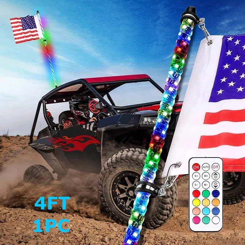 1pc 4ft APP/Remote Control Spiral RGBW Chase Light Led Flag Pole 12V Safety Whip RGB Led Lights Offroad LED Whip Lights for Jeep