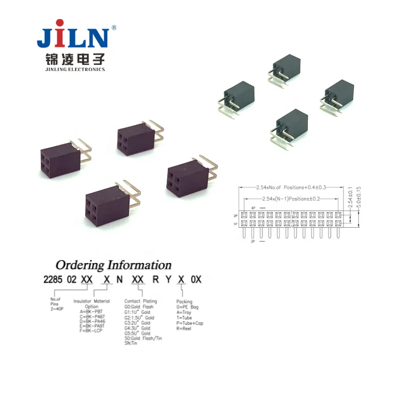 JiLN 2.54mm pitch female header Connector 1x40 1x2 Pin Single Row Female Right Angle Pin Header on PCB