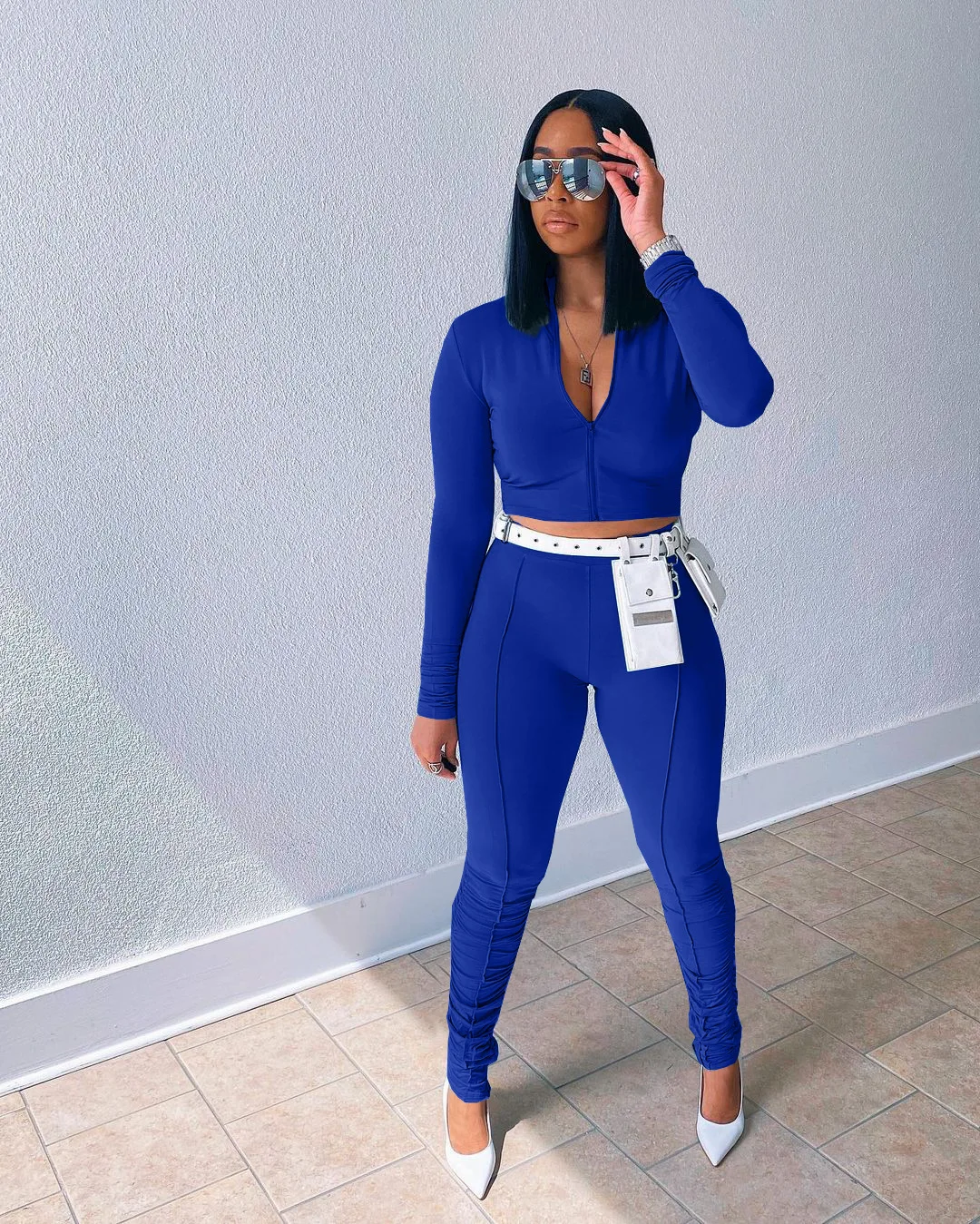 Tracksuit Women Long Sleeve Two Piece Pant Suit Zipper Stack Pant 2 Piece Pants Set