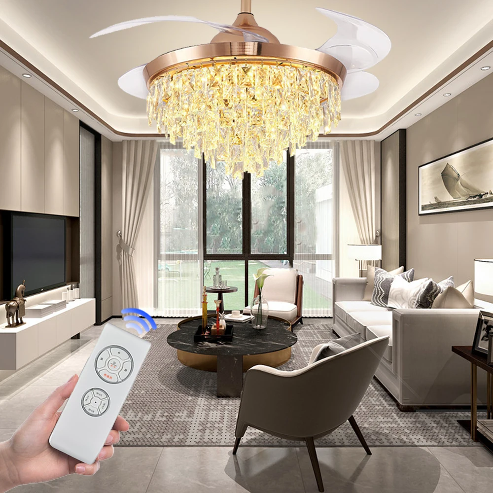 Ceiling fan with light 42 Inches Gold Modern Room Series LED Fancy Crystal Fan With Transparent Clear