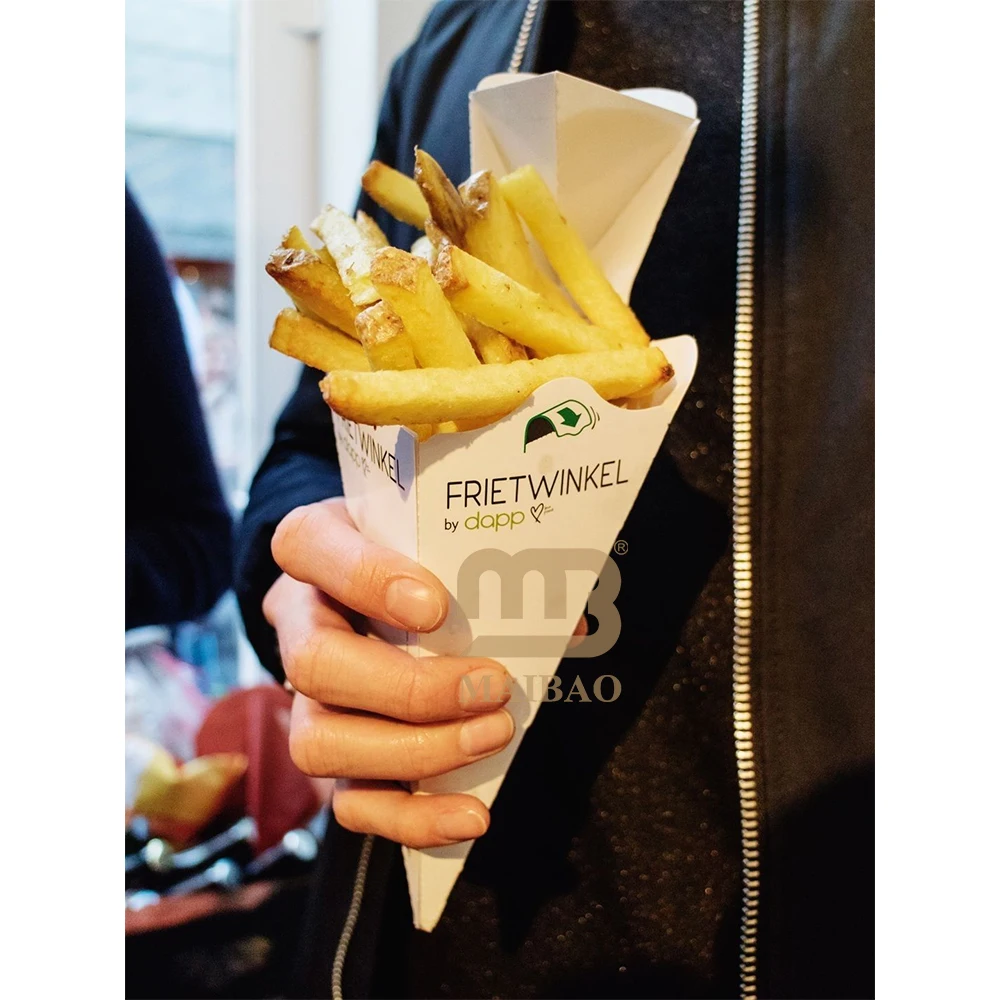 custom logo french fries paper cone with Ketchup Sauce tray divider compartment waffle packaging conicals takeout churros box