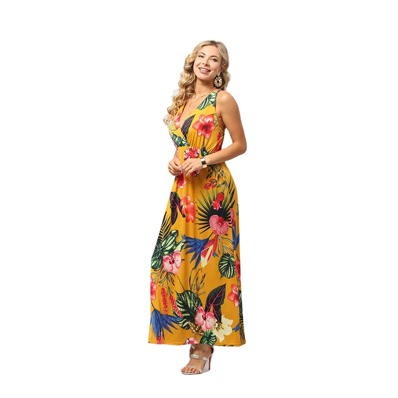 PDEP 2022 new V neck  sleeveless women long maxi dress elegant high waist loose fancy  flower ladies beach bohemian casual dress