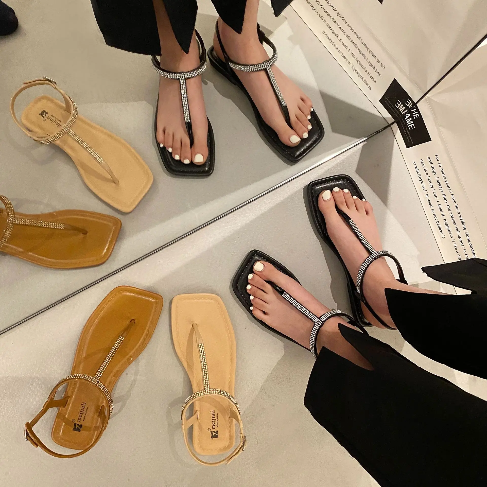 Womens T Strap Casual Woman Flip Flops Sandals Fashion Rhinestone Flat Sandal with Ankle Strap for Ladies Summers Dress Sandals