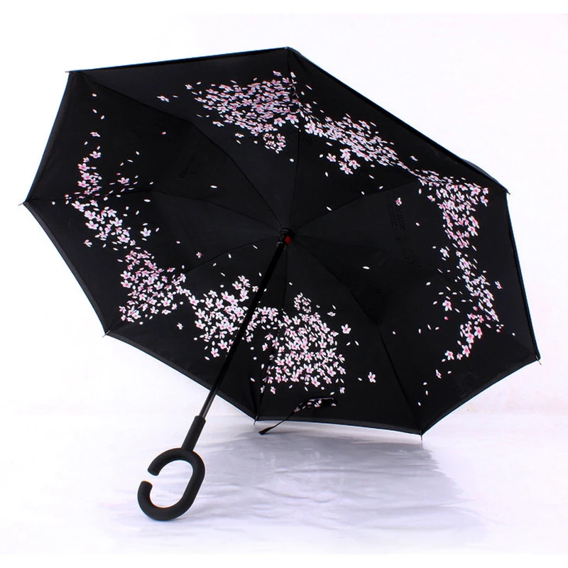Guangdong supplier waterproof custom print C handle double layer inverted umbrella stick