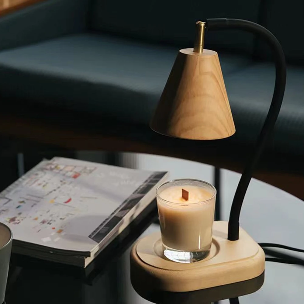 Retro Night Light Nordic Modern Walnut Wood Wax Melt Heat Smokeless Minimalist Simple Indoor Living Room Design Table Desk Lamp