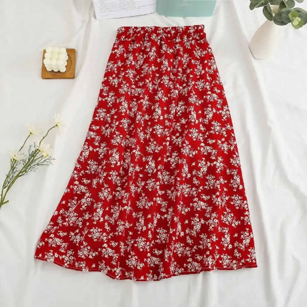 Chiffon Skirt Elastic High Waist Casual Midi Skirt For Beach Summer Skirts Womens Vintage Floral Printed
