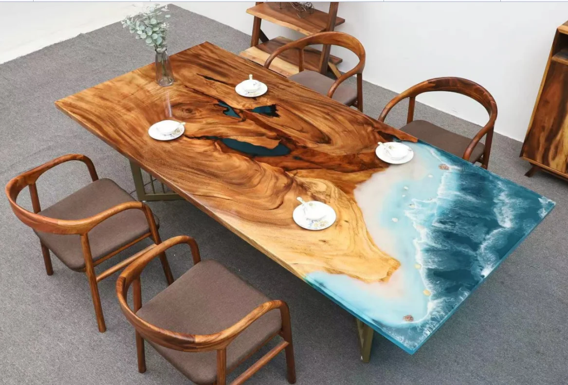 Luxury Solidwood Revier Resin Design  Customized Dining Table Solid Walnut Wood Ocean Epoxy Resin Coffee Table