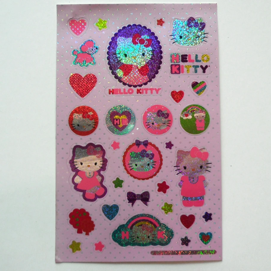 Custom design cute cartoon holographic glitter stickers sheet for kids Removable kitty animal stickers