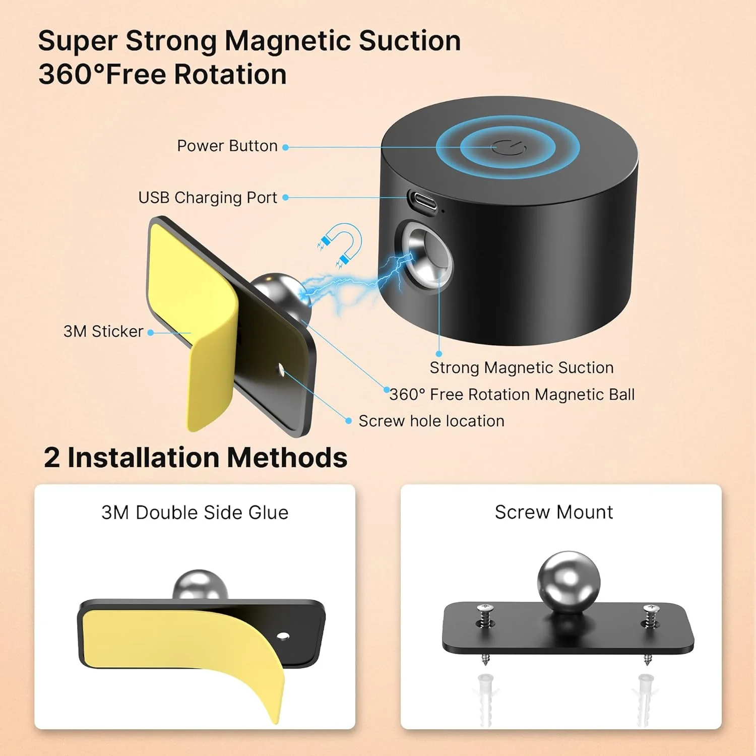 Cordless USB Rechargeable LED Wall Sconce ABS Magnetic Ball Lighting 3 Brightness Levels Touch Control Bedroom Battery Operated