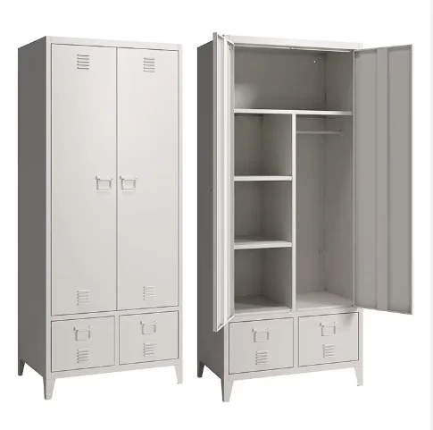 New Design Living Room Swing Door Metal Closet Steel Wardrobe Cabinet Photo With 2 Drawers and High Feet
