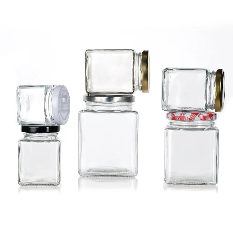 Wholesale square Glass Jars For Jam Honey With Screw Metal Lid