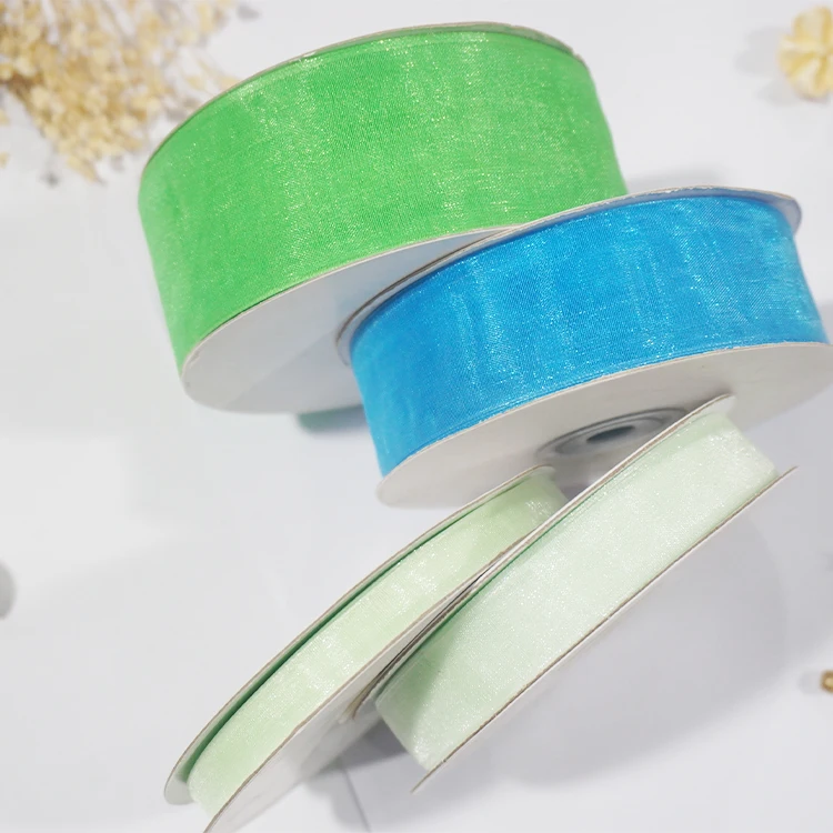 Custom Hologram Sheer Chiffon Silk White Pink Yellow Organza Ribbon For Wedding Bouquets Wrapping