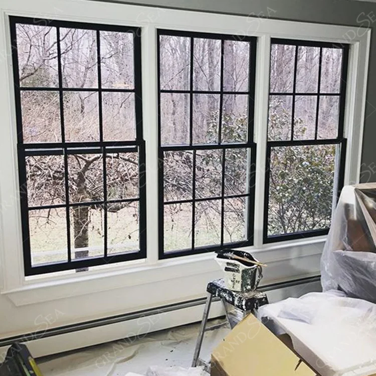 Good Quality Rated Double Glazed Aluminum Colonial Residential Single Hung Black Windows Grids