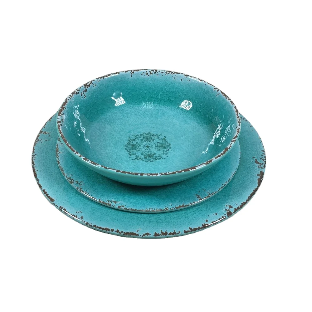 unbreakable custom pattern print  rustic cracked tableware dinner plate bowl set melamine dinnerware set