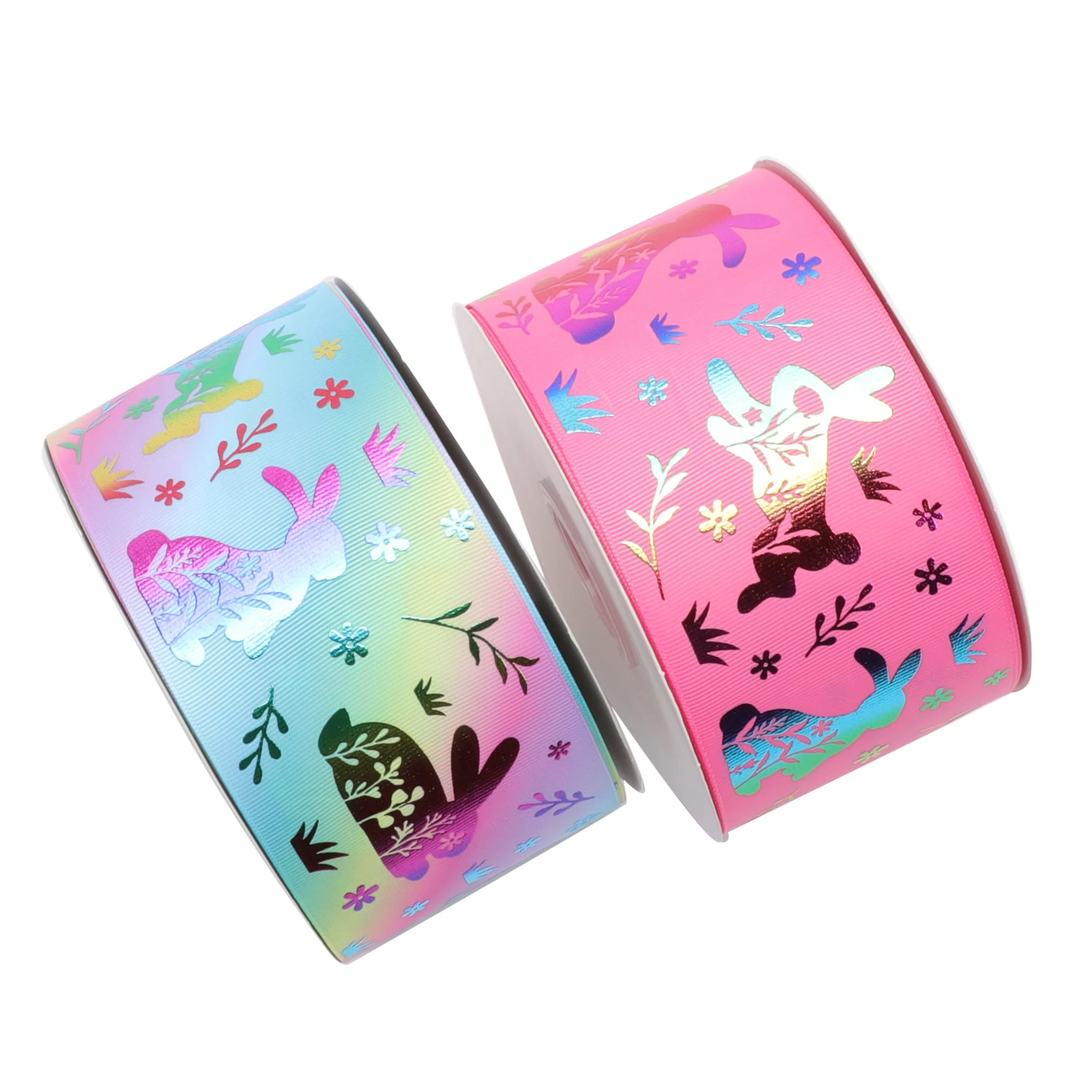 HSDRIBBON 3 inch 75MM Easter Series Cute Rabbit Pattern hologram ribbon printed on grosgrain ribbon 50Yards/Roll