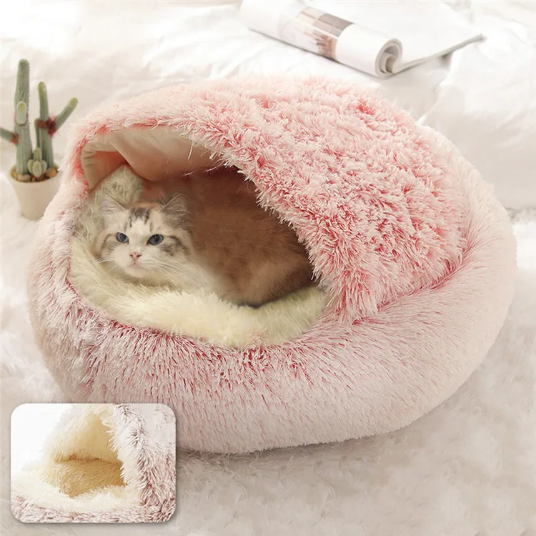 
Hot Plush Round Cat Bed Cat Warm House Soft Long Plush Pet Dog Bed For Small Dogs Cat Nest 2 In 1 Pet Bed Cushion Sleeping Sofa 