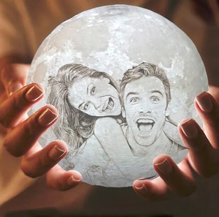 
3D Printed Moon Lamp Personalized with Text & Photo USB Rechargeable Nightlight Touch Remote 2 Colors Gift 