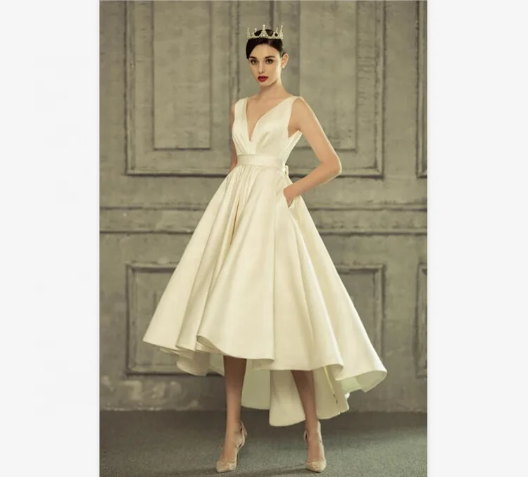 #10018 Satin High-Low Deep V-Neck Open Back Sleeveless Bowtie Wedding Gowns Birde Dress Vestido de novia Wedding Dress
