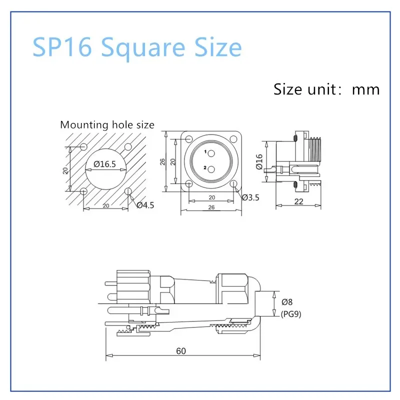 SP16 Waterproof Connector IP68 Cable Connector Plug & Socket Male and Female 2 3 4 5 6 7 9 Pin Square Aviation Plug DIY YOU