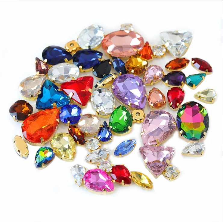 Sew on flat back glass Rhinestone with claw, glass rhinestone in sew on setting