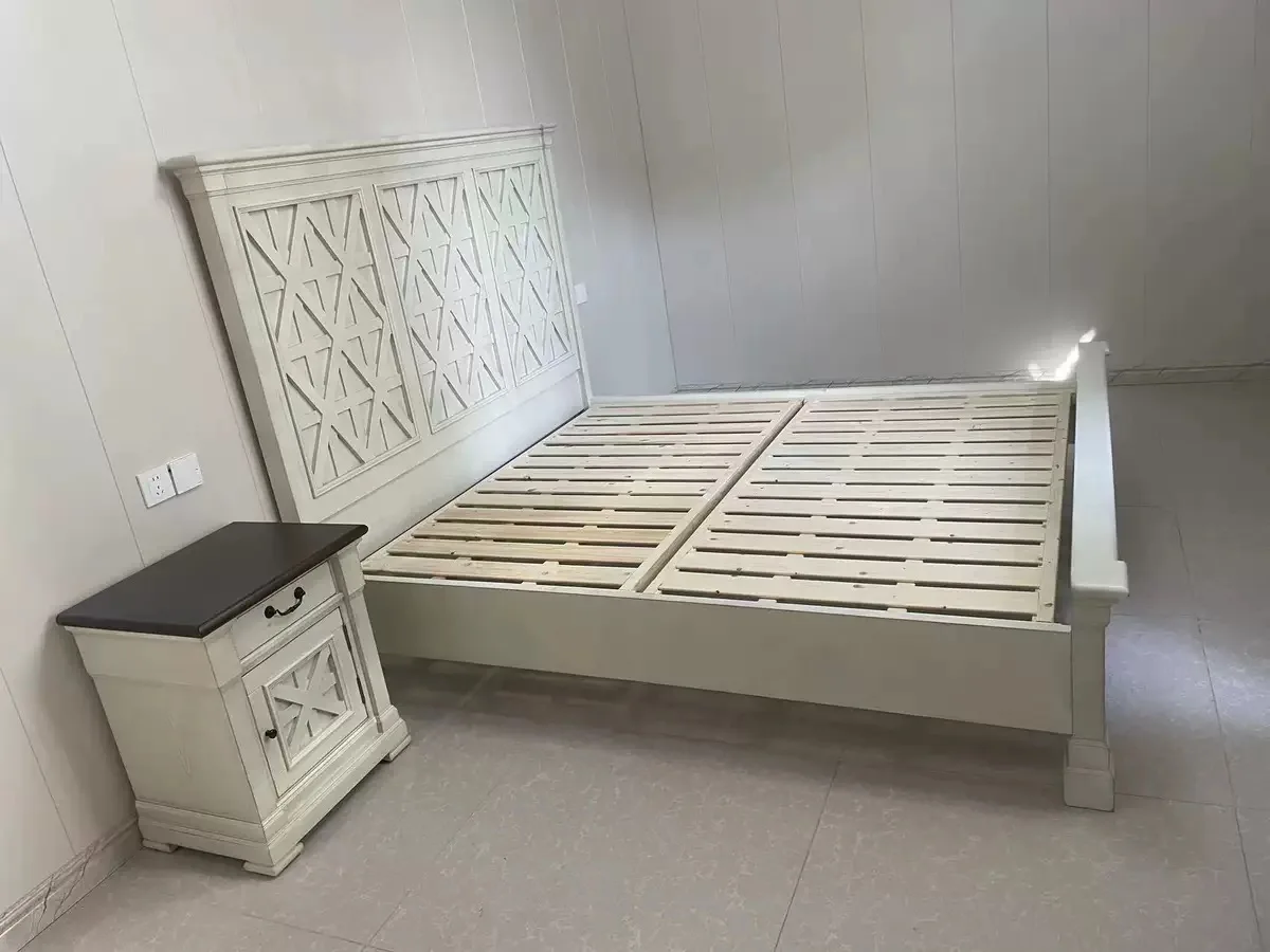 Bedroom Furniture French Country Style Bed Headboard With Lattice Design King Size oak Wood bed