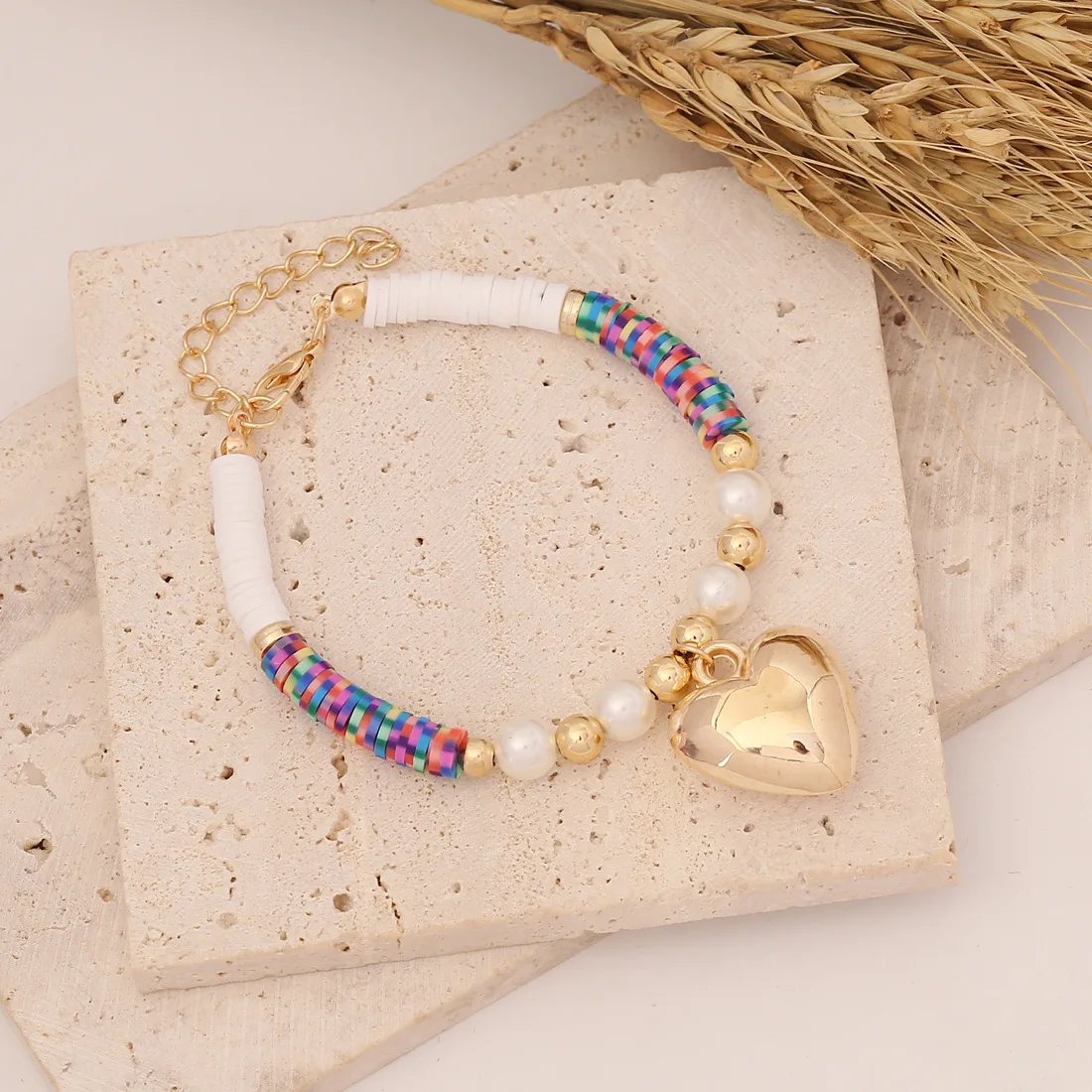 Bohemian Polymer Clay Beads Big Heart Charm Bracelet Jewelry Ins Adjustable Heart Boho Beaded Bracelets For Women