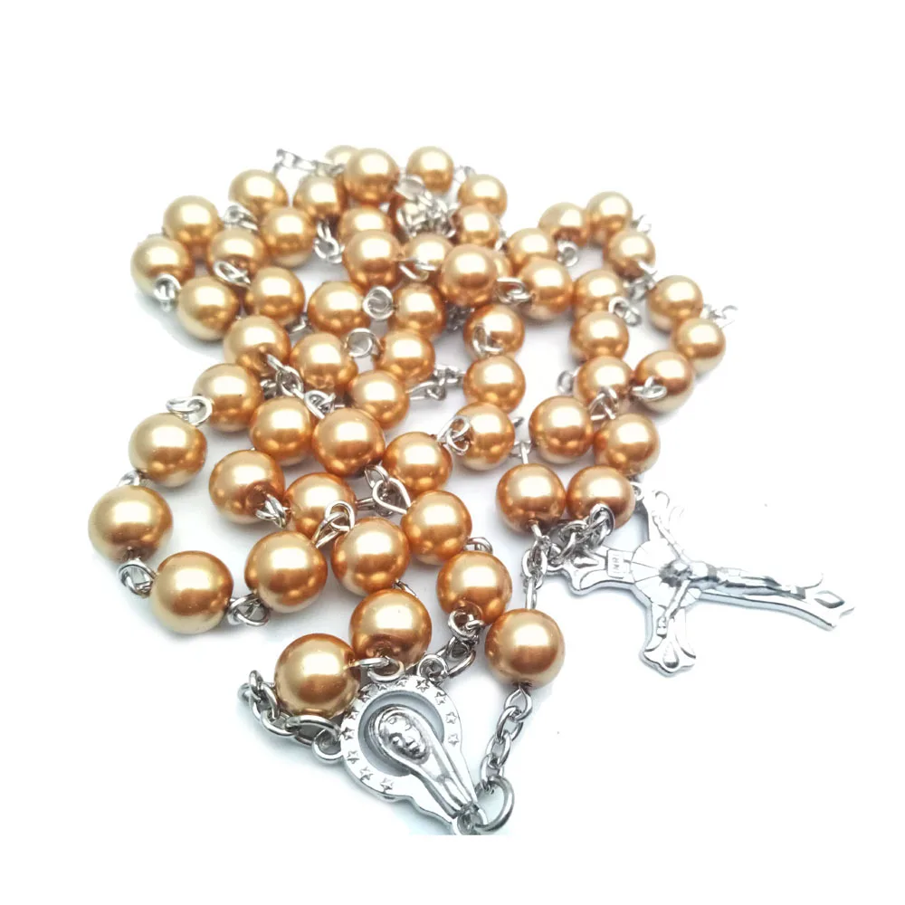 Wholesale Factory Direct 8mm Rosary Pearl Beads Cross Religious Jesus Necklace