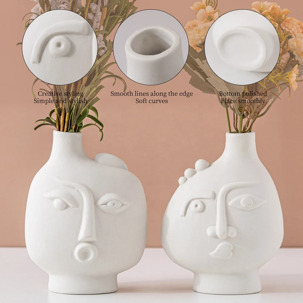Nordic Modern Rustic Decor Face Shape Ceramic Flower Vase Abstract Art Lornaments Room Decoration For Home