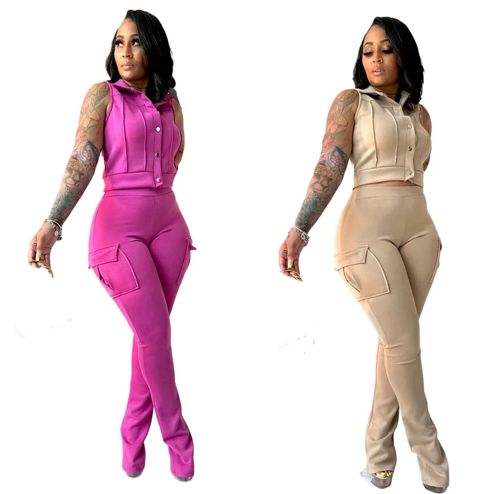 KY Wholesale Sleeveless Button Closure Crop Top Cargo Pockets High-waisted pants African Outfit