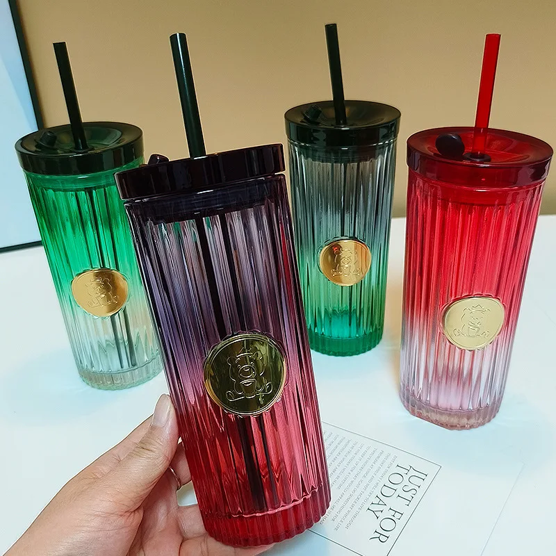 Seaygift creative 470ml car travel coffee milk juice cup girls gift glass tumbler mug vertical striped gradient glass straw cup