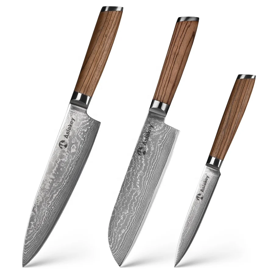 New arrival 3pcs damascus steel wood handle damast messer santoku knife set for chef