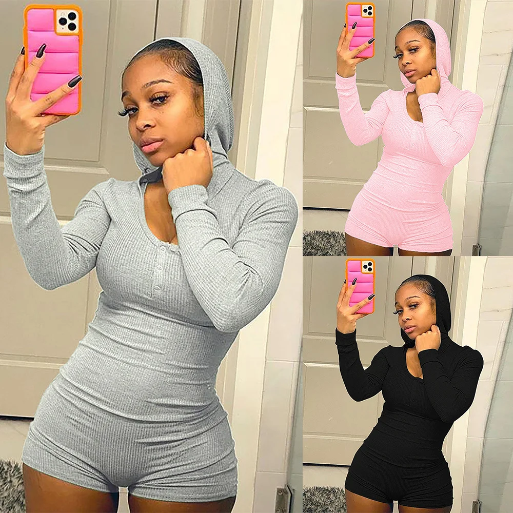 Women Plain Color Long Sleeve Romper Shorts Pajamas Onesie Ribbed Spandex Nightwear Adult Hooded Pajama