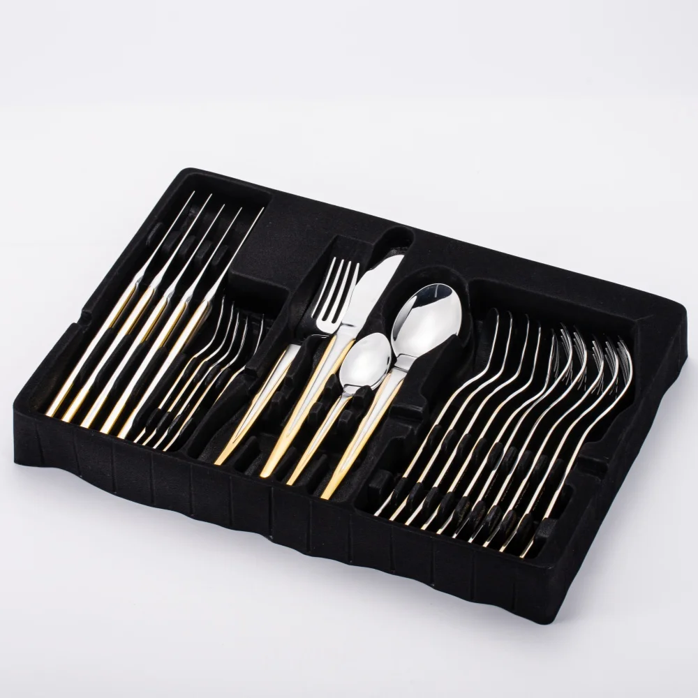 Hot Sell Flatware 24Pcs Gold Cutlery Sets Stainless Steel Christmas Gift Silverware Case Dessert Spoon And Fork Set With Box