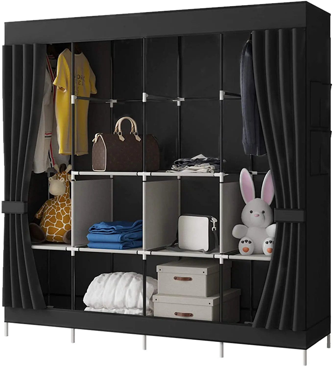 Canvas Cloth Wardrobe Portable Wardrobe Shelves Clothes Storage Organizer with 4 Hanging Rail