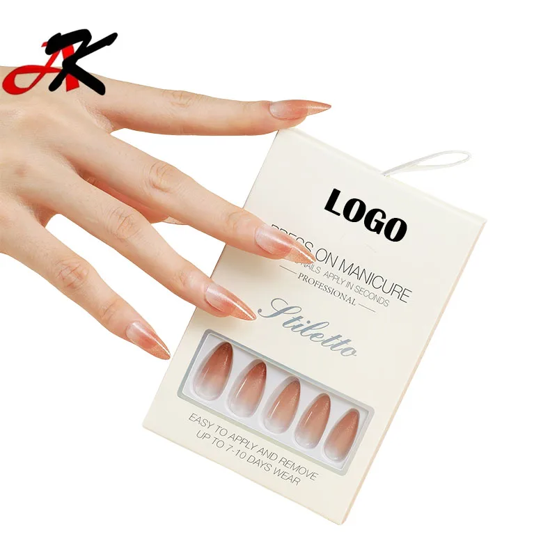 Box Set Hand Painted Long Square Adhesive Gel Nail Packs Remover Holder 24pcs Wholesale French Style With Stones False Nails