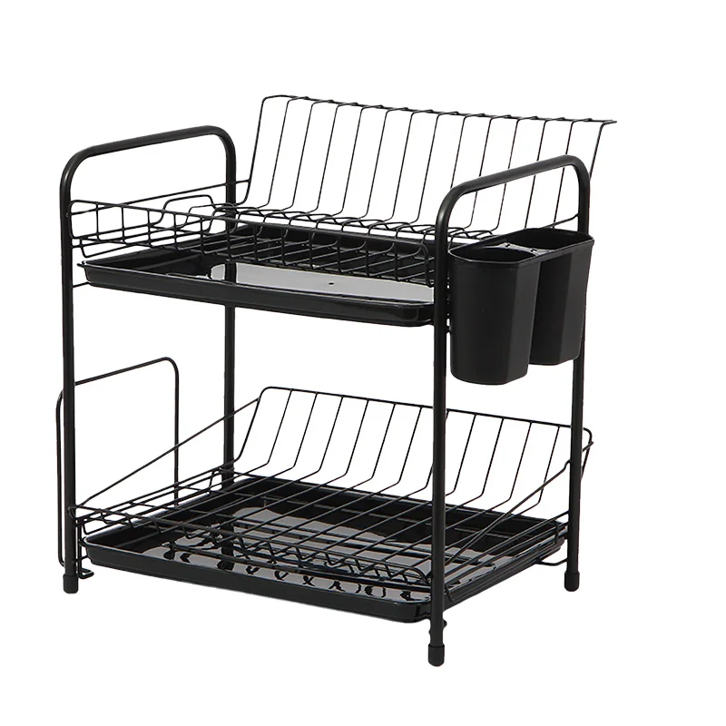 Iron Metal Wire Dish Rack Dryer of 2 Tier Kitchen Organizer Counter Stainless Steel Drainer Plate Storage Cup Rack with PP Tray
