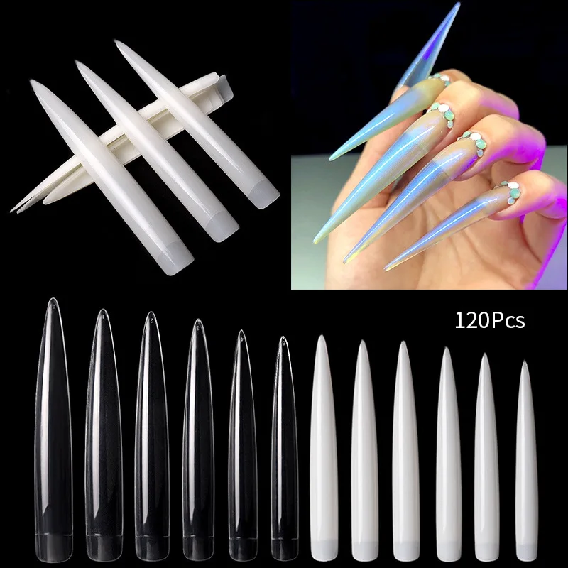 SAIYII ABS Extra Long Salon DIY Extension Clean 120pcs Pointed Stiletto Nail Tips Artificial Fingernails
