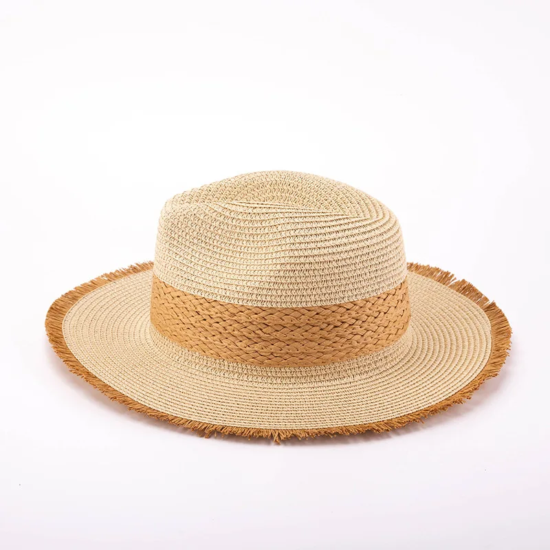 Summer vintage matching color fur border sunblock Korean version ladies wide flat brim hat jazz top hat Bohemian straw hat