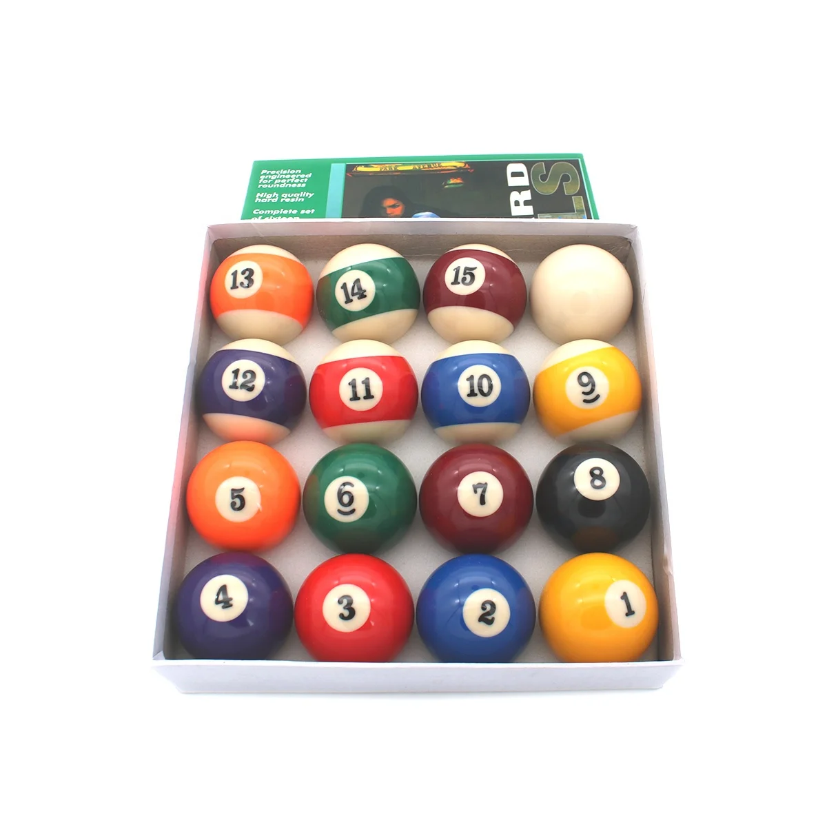 Hard Resin Durable Shining Billiard Balls Diameter 57.2mm Packed in Printed Box of 16pcs for Pool Table Gym Games
