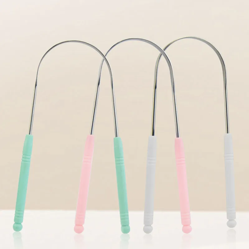 High quality home use plastic handle tongue scraper depressor stainless steel reusable oral care cleaning tool tongue scrubber