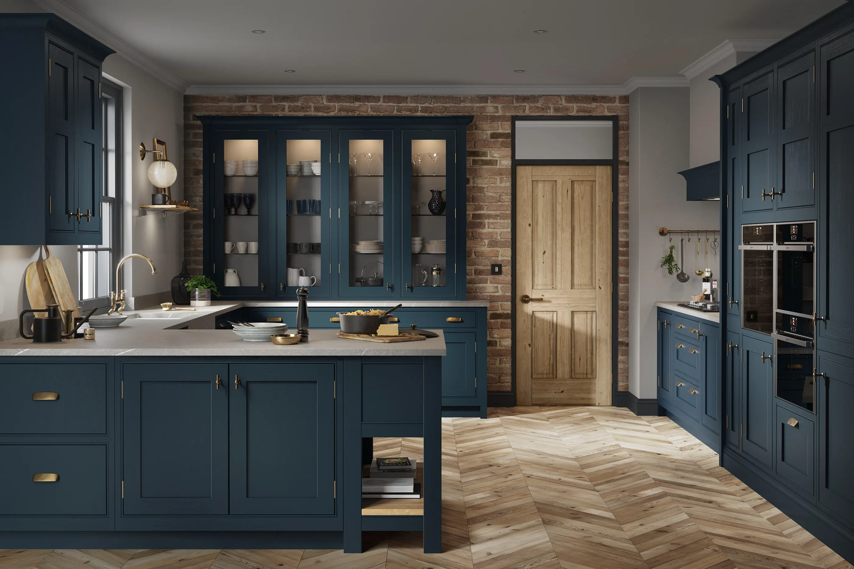 Custom Dark Blue Base Cabinets Designs Muebles De Cocina With Luxury Kitchen White Countertops Set Traditional Wood Kitchen