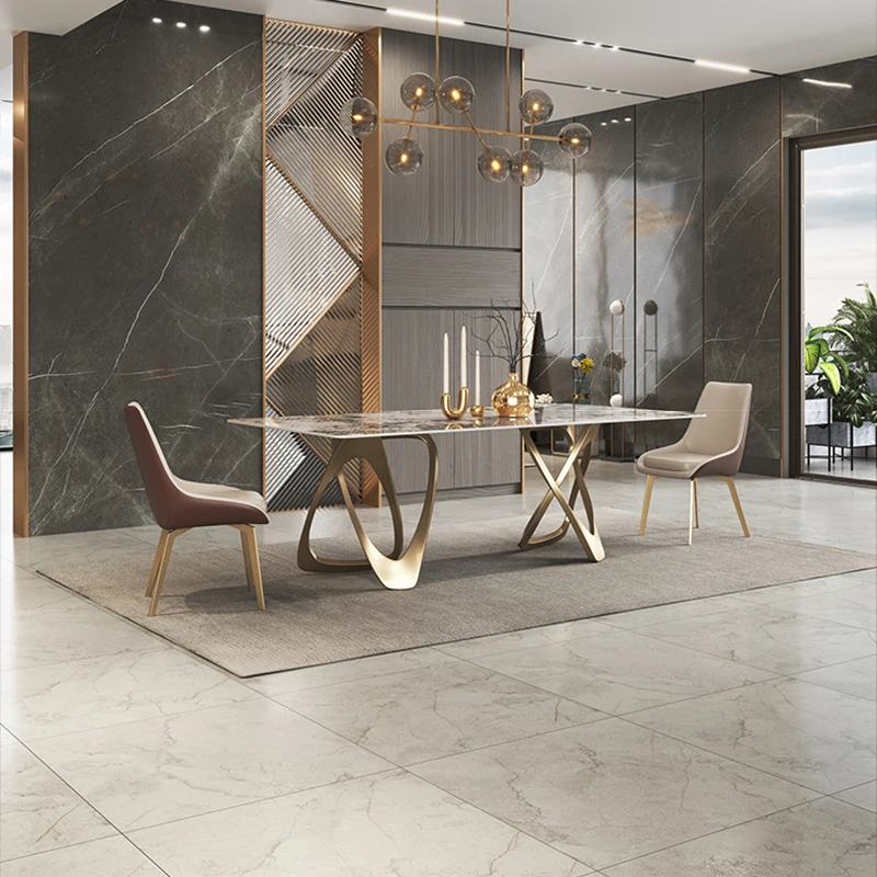 Luxury Modern Design Slab Plate Table Ready Stock Home Family Dinner Table Gold Frame White Slate Top Dining Tables