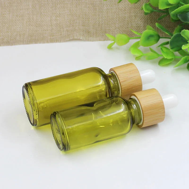 5-100ml Olive Green Essential Oil Dispenser Glass Bottle Cosmetic Beauty & Skincare Bamboo Ring Dropper Bottles with Rubber Tip