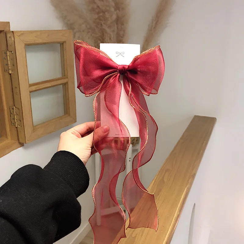 Wholesale American and European Style Fabric Hair Clip Korea Organza Ribbon Bows Hairpin for Girls Red Color for Daily Use