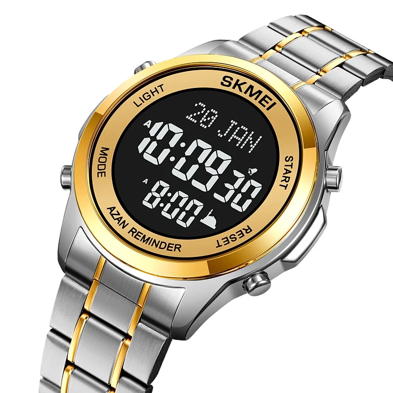 SKMEI 2097 muslim prayer watch Stainless Steel Islamic Qibla Direction Al Azan Digital Watches for Muslim Prayers