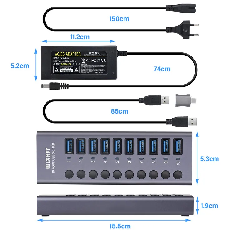 Factory In Stock High Speed usb splitter 10 Port Usb 3.0 Usb Hub With  Power Supply  Individual Led On